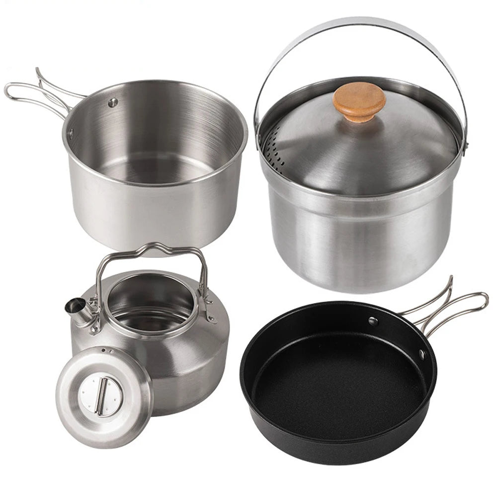 Camping Hiking Cookware Set Outdoor Portable Picnic Tableware Kit Stainless Steel Pot Frying Pan Kettle Set For Outdoor Cooking