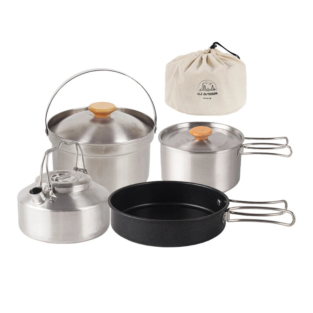 Camping Hiking Cookware Set Outdoor Portable Picnic Tableware Kit Stainless Steel Pot Frying Pan Kettle Set For Outdoor Cooking